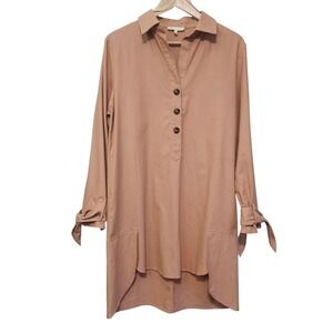 Promesa Shirt Dress Womens M Tan Neutral Relaxed Lagenlook Pockets Boho Travel